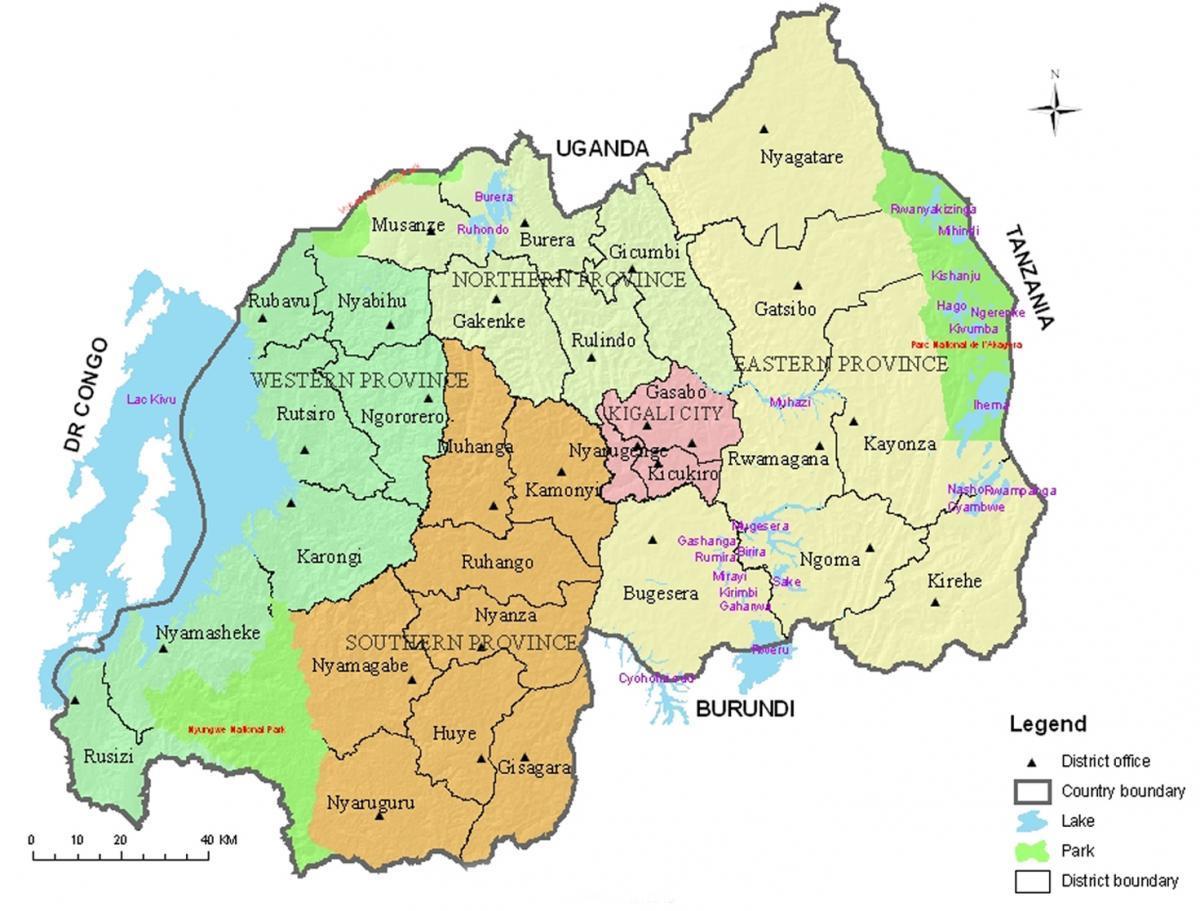 carte du Rwanda avec les districts et les secteurs